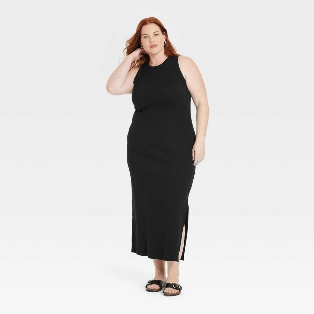 Universal Thread Maxi Bodycon 2X Dress Sleeveless Black Rib-Knit Side 17" Slit